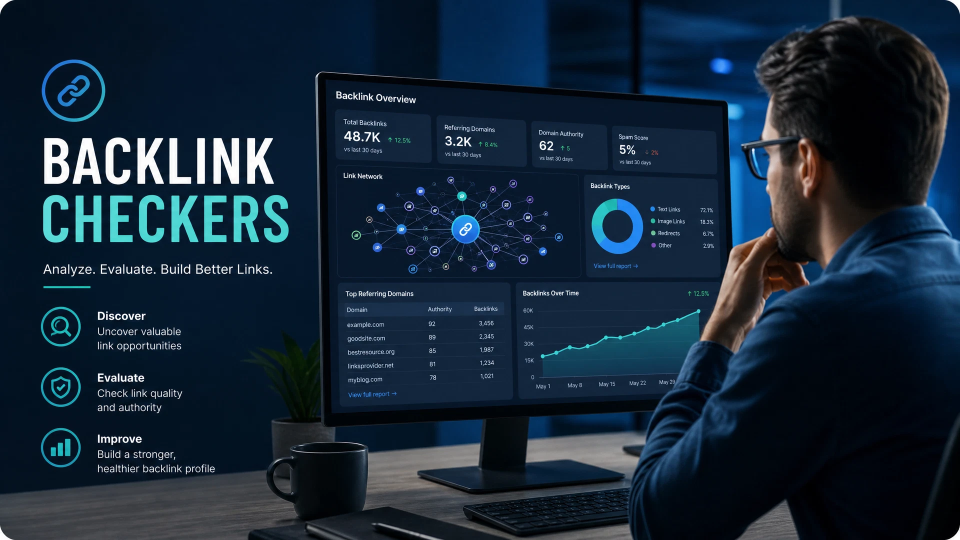 Backlink checker analyzing website links and SEO metrics