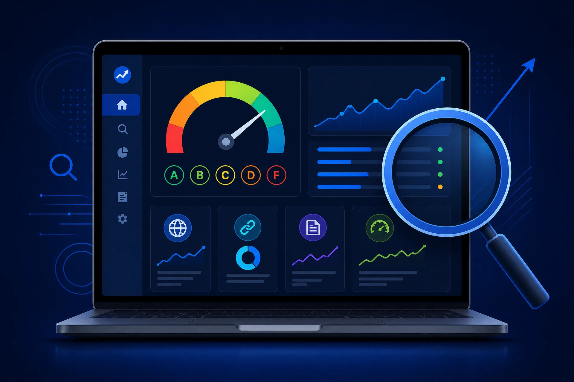 Website analyzer dashboard showing SEO grades and performance metrics