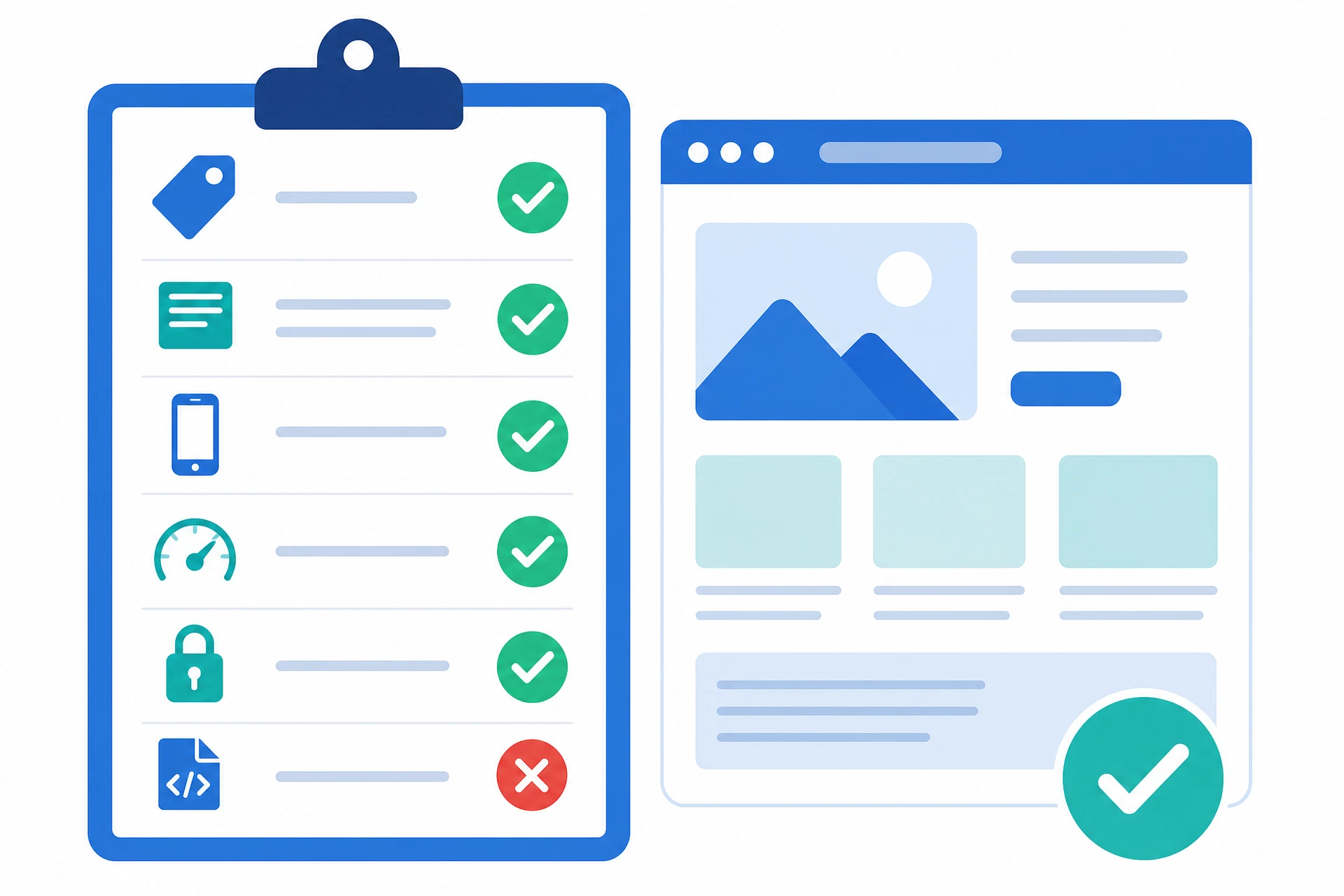 SEO checklist showing website health checks including title tag, meta description, HTTPS, mobile viewport and robots.txt